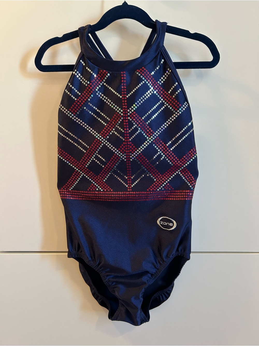Zone Navy Leotard with Red & Silver Geometric Sequins